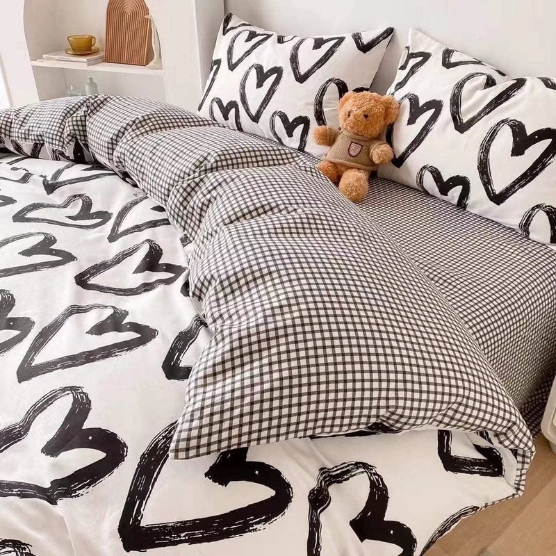 Houseri أبيض وأسود مجموعة المعزي مجموعات الفراش الحب الكامل للفتيات في سن المراهقة Kawaii كامل الحجم طقم سرير النوم على شكل قلب لطيف لحاف البطانيات كاملة - Image 3